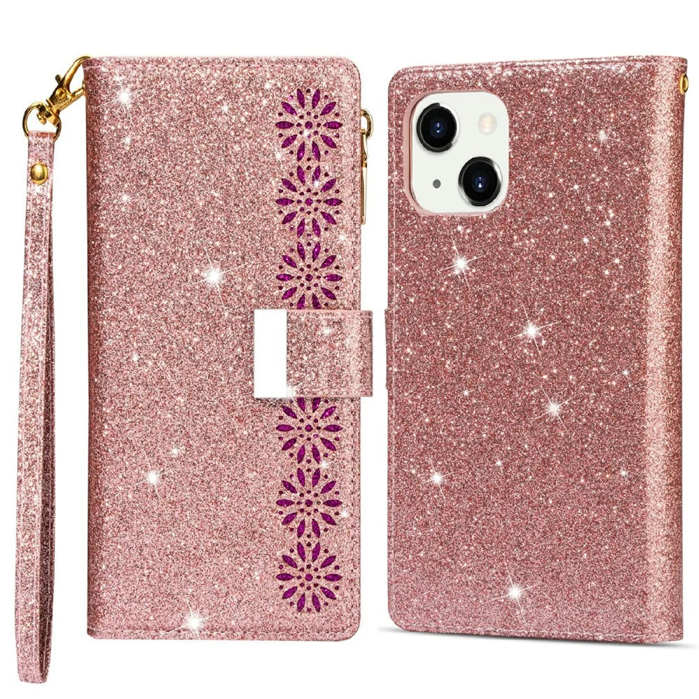 Glittery Starry Style Laser Carving Zipper Wallet Stand Full-Protection Leather Phone Case Cover for iPhone 13 6.1 inch - Rose Gold - 1
