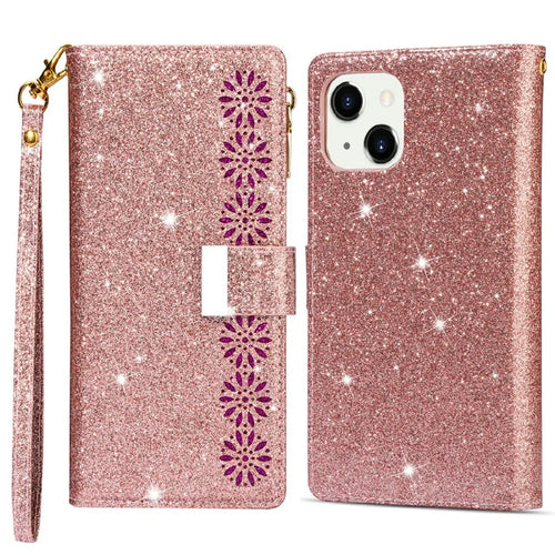 Glittery Starry Style Laser Carving Zipper Wallet Stand Full-Protection Leather Phone Case Cover for iPhone 13 6.1 inch - Rose Gold - 1