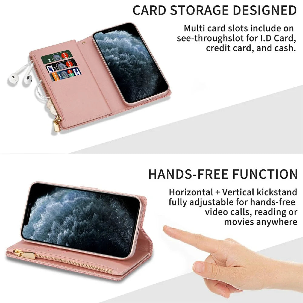 Glittery Starry Style Laser Carving Zipper Wallet Stand Full-Protection Leather Phone Case Cover for iPhone 13 6.1 inch - Rose Gold - 3