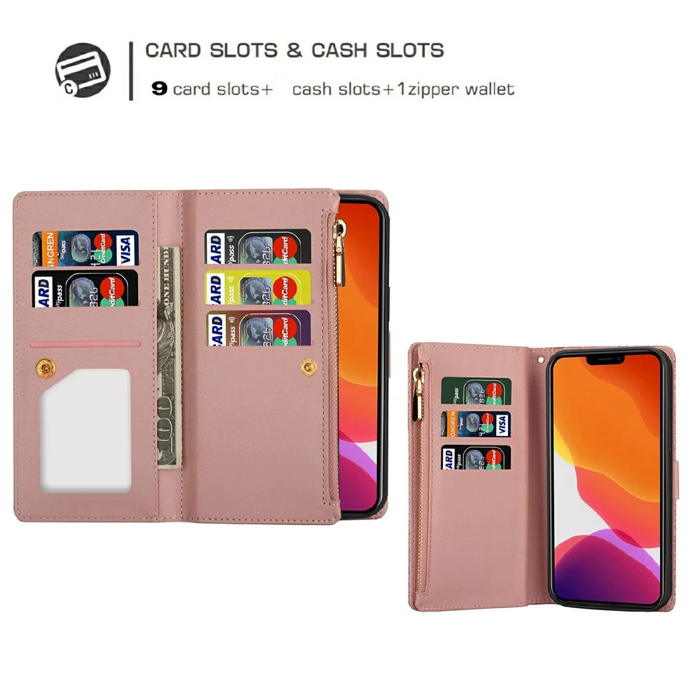 Glittery Starry Style Laser Carving Zipper Wallet Stand Full-Protection Leather Phone Case Cover for iPhone 13 6.1 inch - Rose Gold - 4