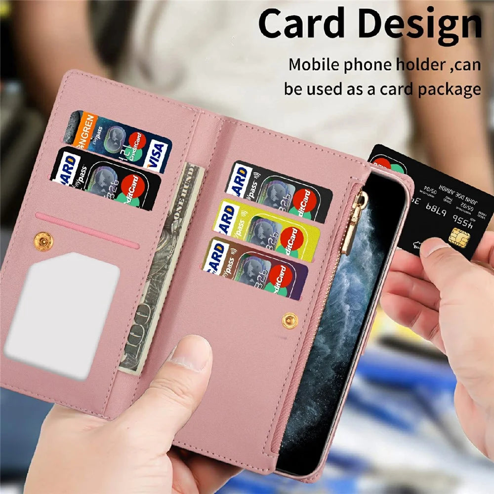 Glittery Starry Style Laser Carving Zipper Wallet Stand Full-Protection Leather Phone Case Cover for iPhone 13 6.1 inch - Rose Gold - 5