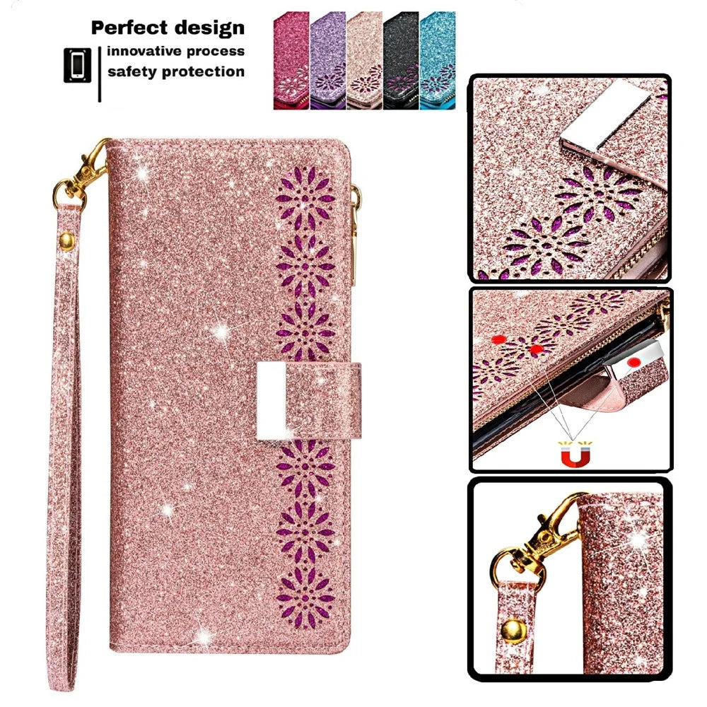 Glittery Starry Style Laser Carving Zipper Wallet Stand Full-Protection Leather Phone Case Cover for iPhone 13 6.1 inch - Rose Gold - 6