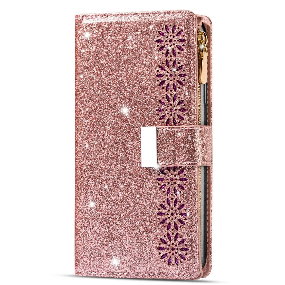 Glittery Starry Style Laser Carving Zipper Wallet Stand Full-Protection Leather Phone Case Cover for iPhone 13 6.1 inch - Rose Gold - 7