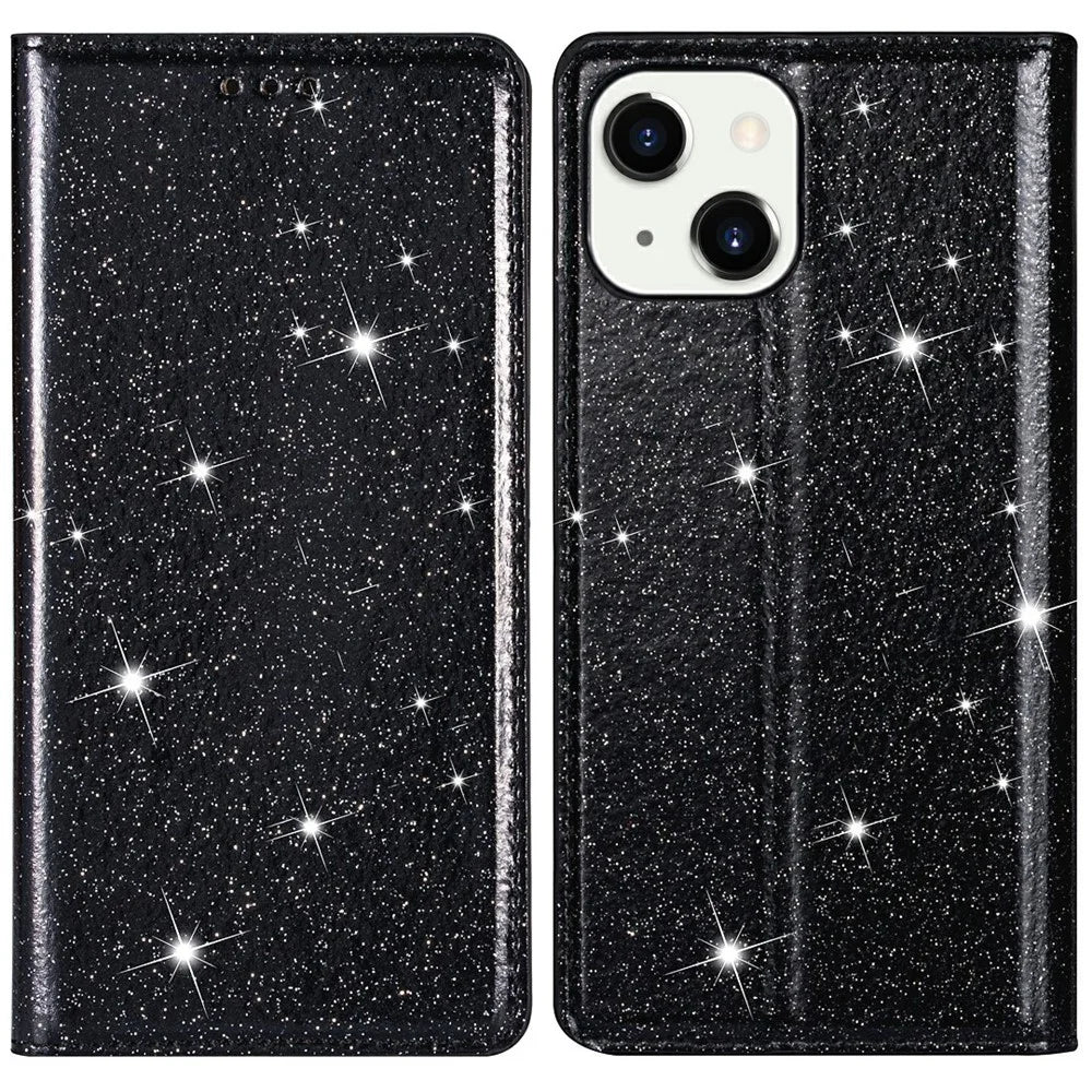 Glitter Sequins Auto-absorbed Ultra-thin Leather Stand Case Cover for iPhone 13 mini 5.4 inch - Black - 1