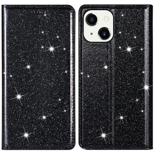 Glitter Sequins Auto-absorbed Ultra-thin Leather Stand Case Cover for iPhone 13 mini 5.4 inch - Black - 1