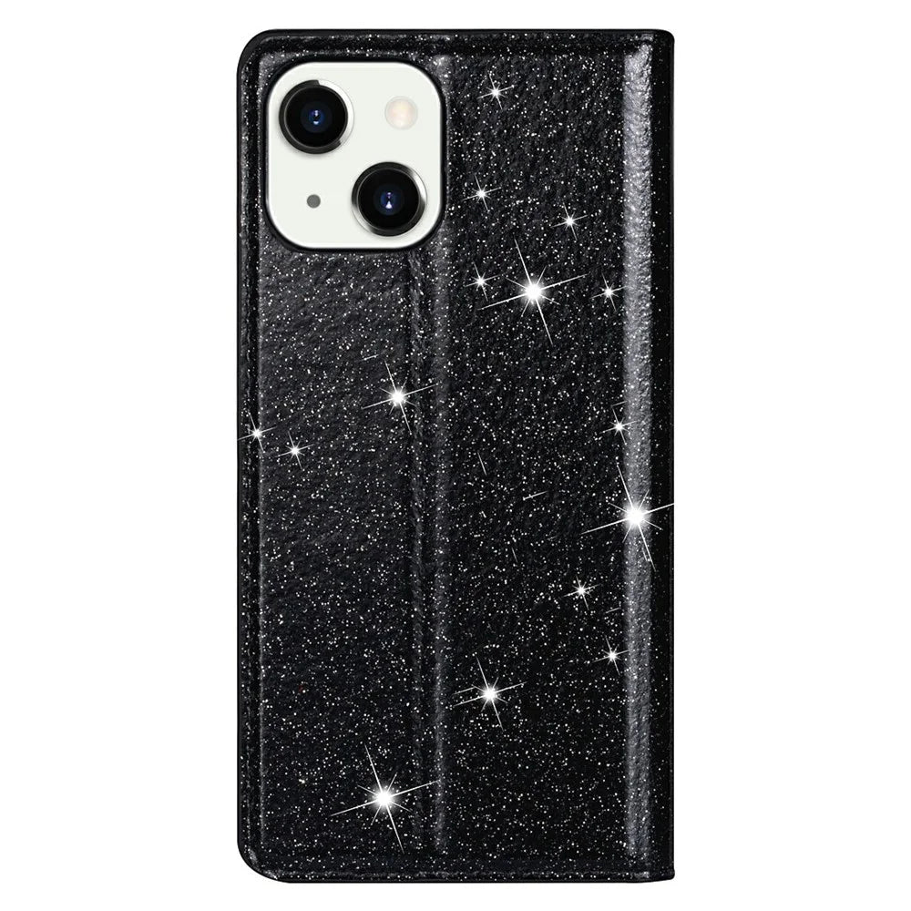 Glitter Sequins Auto-absorbed Ultra-thin Leather Stand Case Cover for iPhone 13 mini 5.4 inch - Black - 7