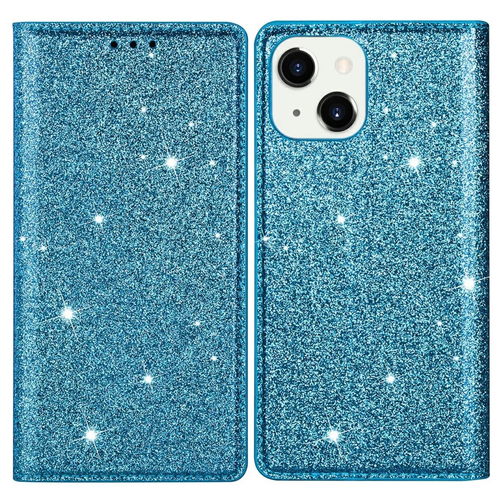 Magnetic Auto-absorbed Ultra-thin Flash Powder Leather Case Cover with Card Holder for iPhone 13 6.1 inch - Blue - 1