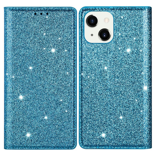 Magnetic Auto-absorbed Ultra-thin Flash Powder Leather Case Cover with Card Holder for iPhone 13 6.1 inch - Blue - 1