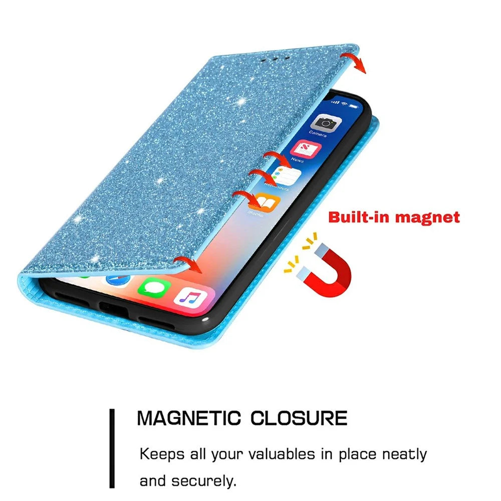 Magnetic Auto-absorbed Ultra-thin Flash Powder Leather Case Cover with Card Holder for iPhone 13 6.1 inch - Blue - 3