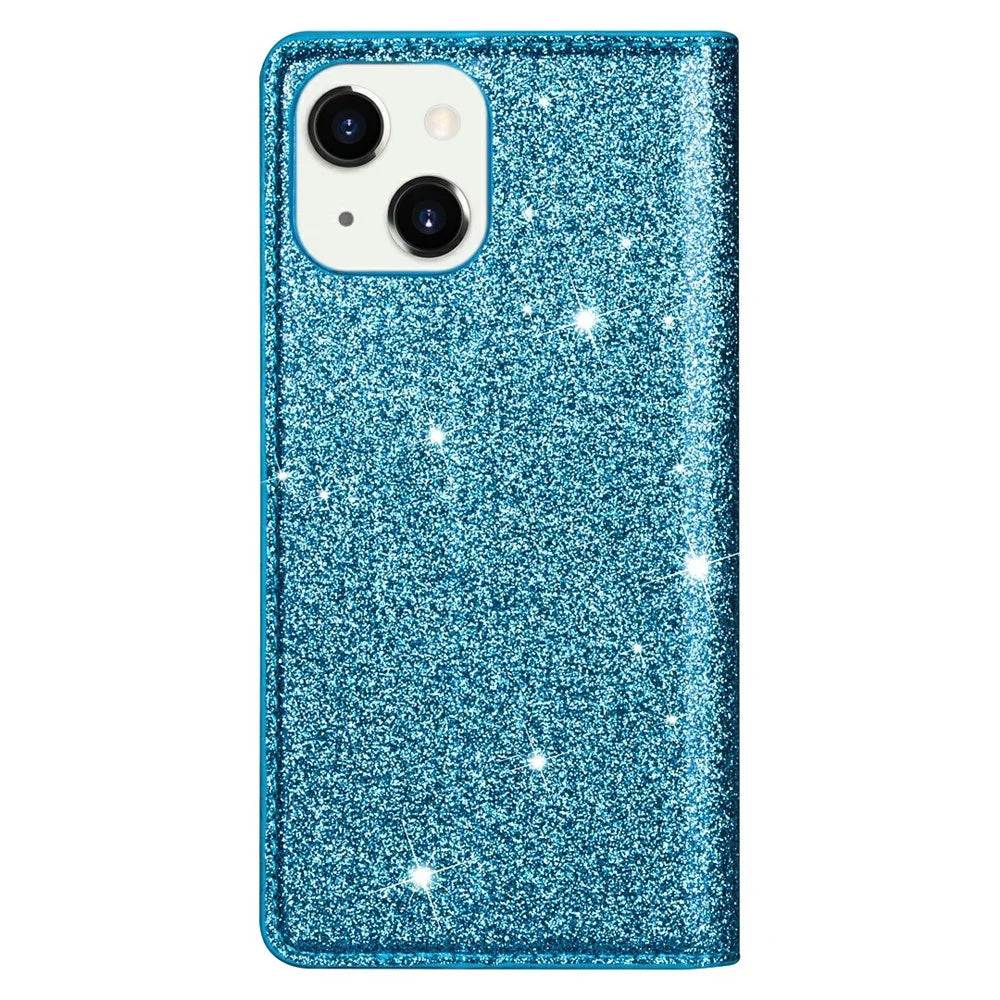 Magnetic Auto-absorbed Ultra-thin Flash Powder Leather Case Cover with Card Holder for iPhone 13 6.1 inch - Blue - 7