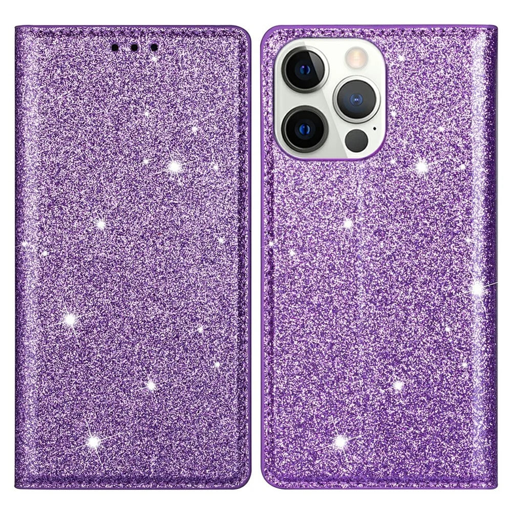 Ultra-thin Flash Powder PU Leather Protective Stand Case Cover with Card Holder for iPhone 13 Pro 6.1 inch - Purple - 1