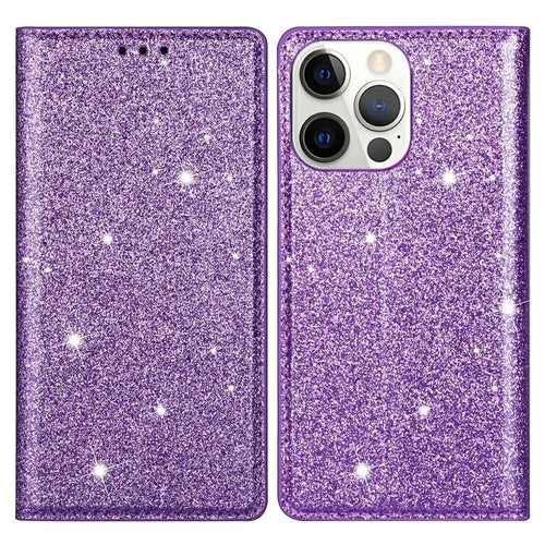Ultra-thin Flash Powder PU Leather Protective Stand Case Cover with Card Holder for iPhone 13 Pro 6.1 inch - Purple - 1
