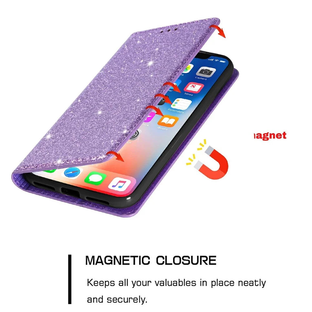 Ultra-thin Flash Powder PU Leather Protective Stand Case Cover with Card Holder for iPhone 13 Pro 6.1 inch - Purple - 3