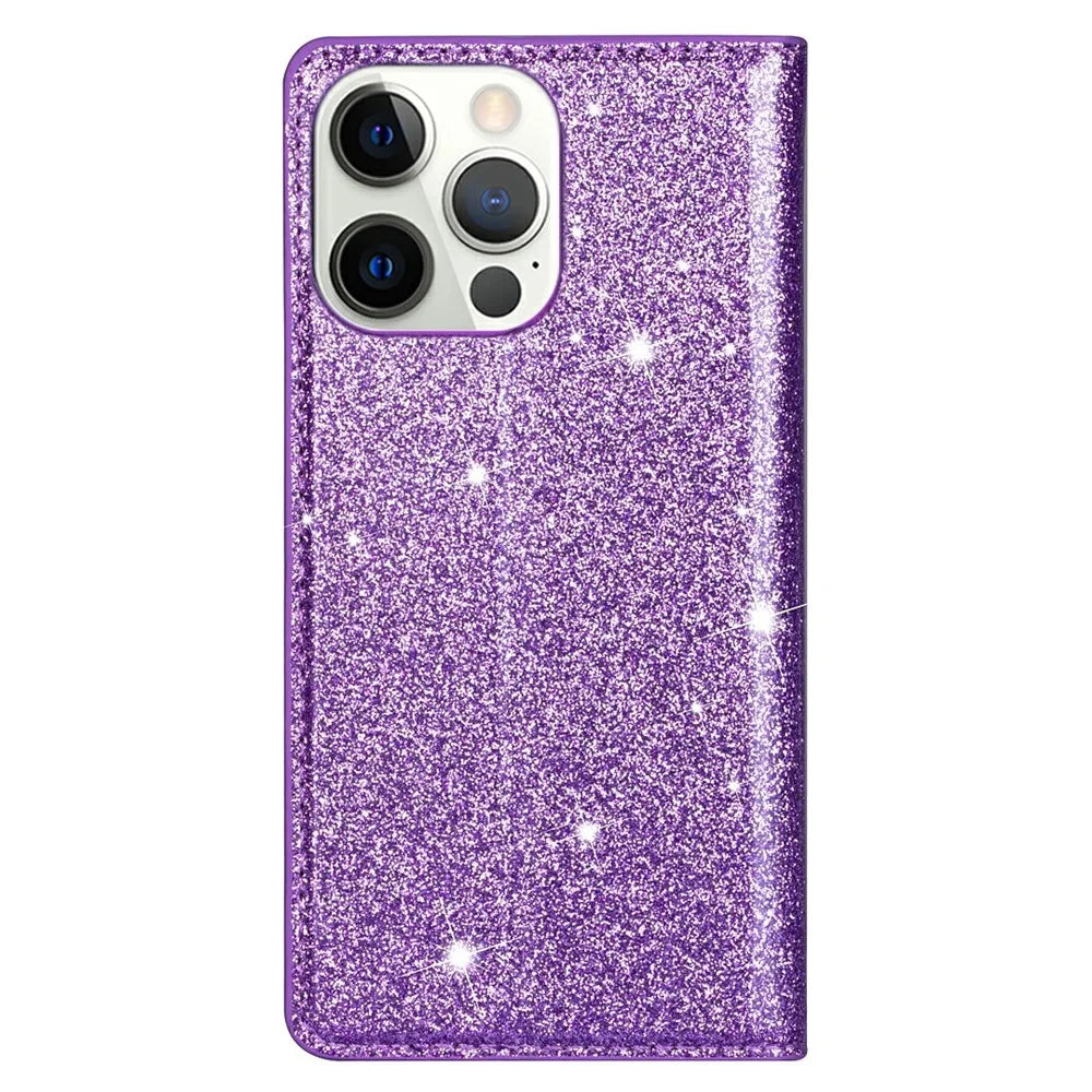 Ultra-thin Flash Powder PU Leather Protective Stand Case Cover with Card Holder for iPhone 13 Pro 6.1 inch - Purple - 7