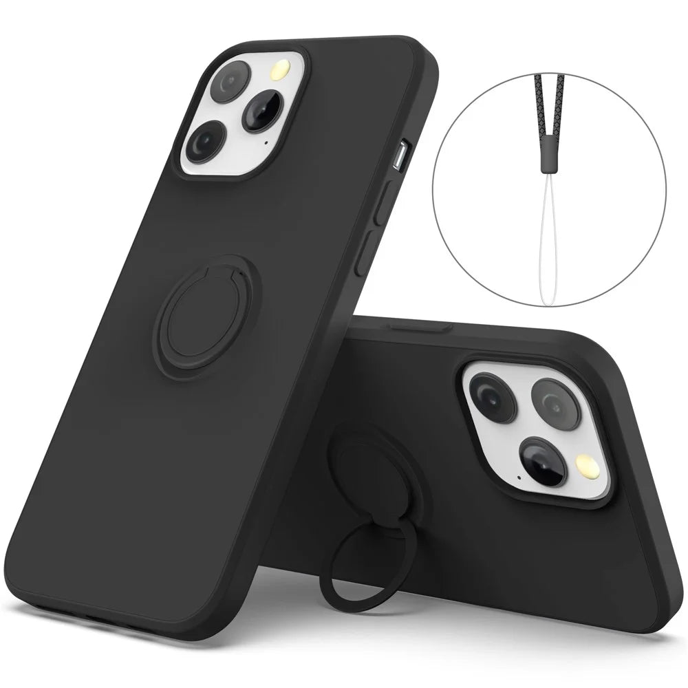 Adjustable Kickstand Design Eco-Friendly Liquid Silicone Easy-Clean Phone Protective Case Shell with Handy Strap for iPhone 13 Pro 6.1 inch - Black - 1