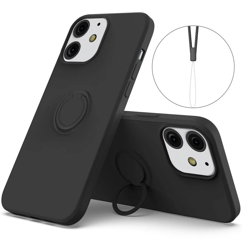 Adjustable Ring Kickstand Design Eco-Friendly Liquid Silicone Phone Protective Case Shell with Handy Strap for iPhone 13 6.1 inch - Black - 1