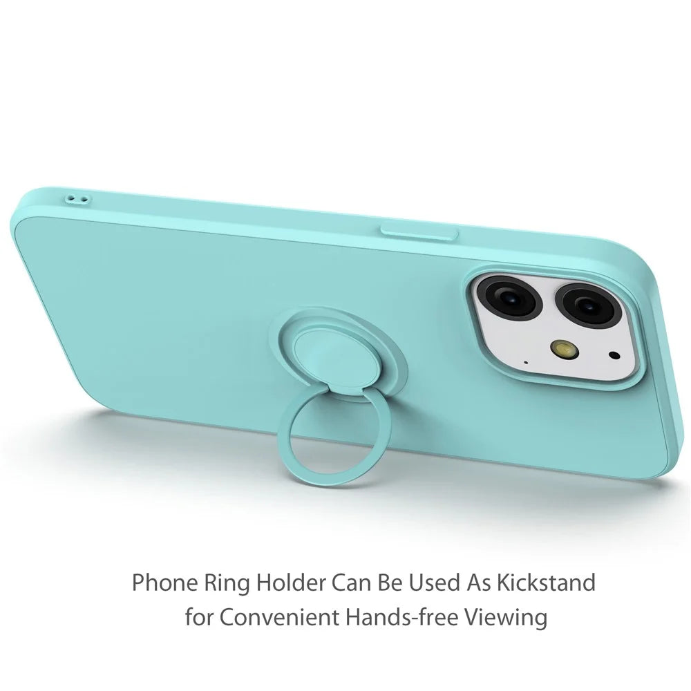 360° Rotary Ring Kickstand Design Drop-Resistant Eco-Friendly Liquid Silicone Phone Protective Case Shell with Handy Strap for iPhone 13 mini 5.4 inch - Black - 2