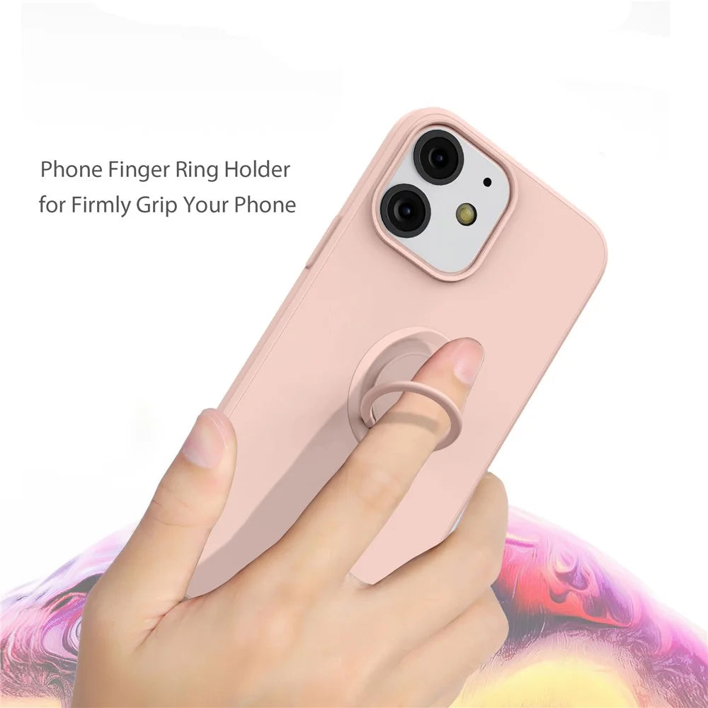 360° Rotary Ring Kickstand Design Drop-Resistant Eco-Friendly Liquid Silicone Phone Protective Case Shell with Handy Strap for iPhone 13 mini 5.4 inch - Black - 5