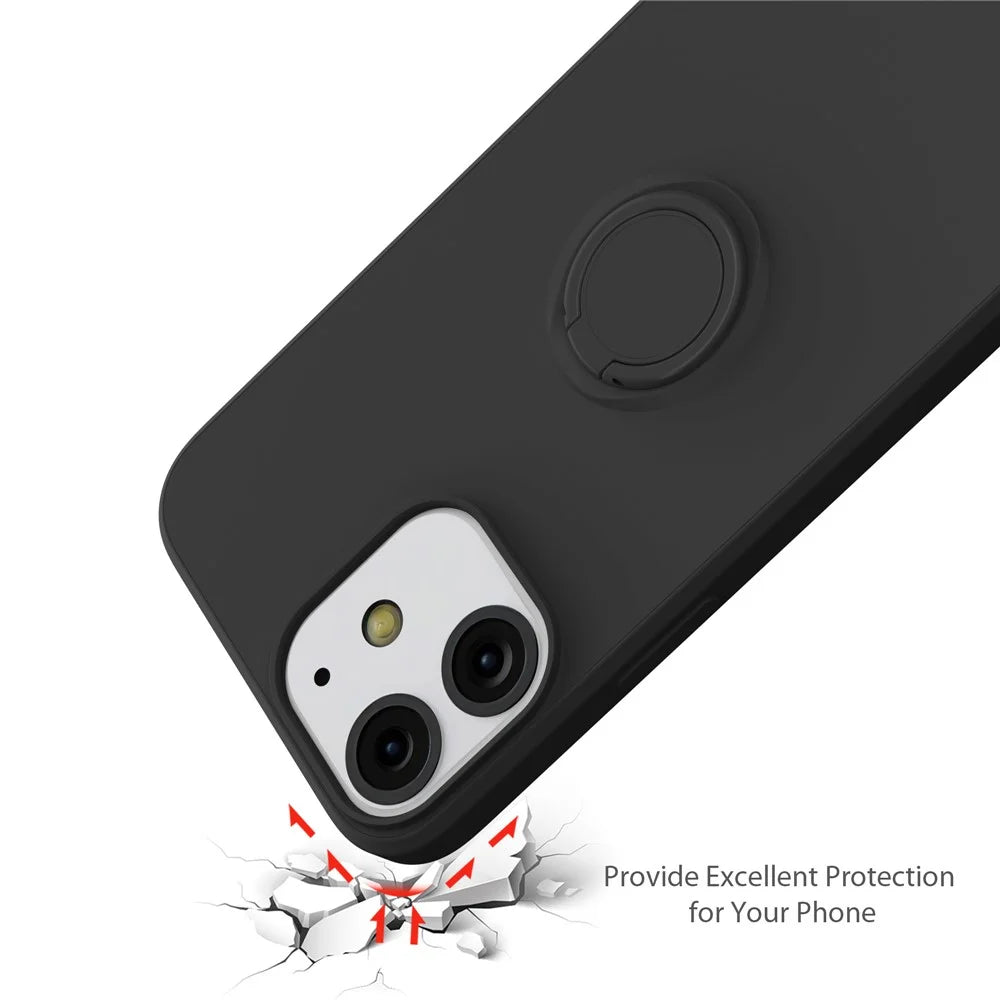 360° Rotary Ring Kickstand Design Drop-Resistant Eco-Friendly Liquid Silicone Phone Protective Case Shell with Handy Strap for iPhone 13 mini 5.4 inch - Black - 6
