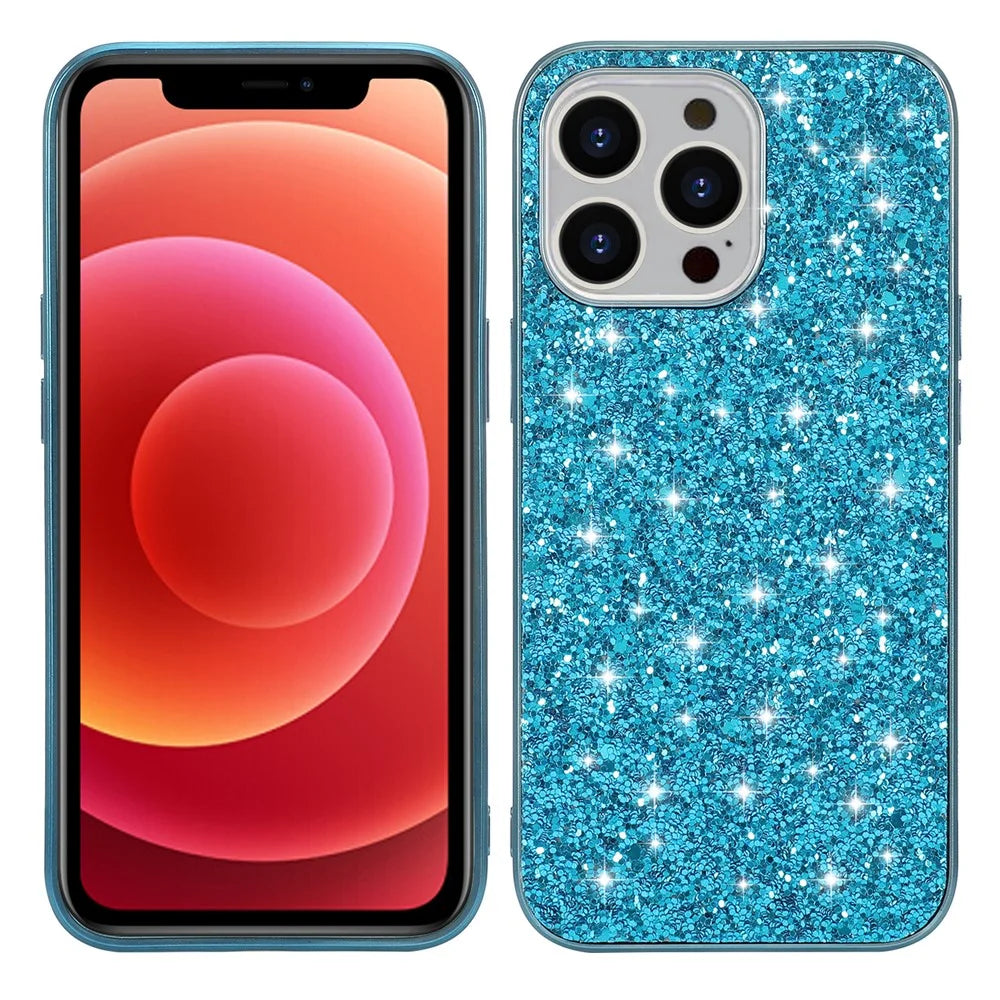 Glitter Sequins Electroplating TPU Frame + Hard PC Panel Phone Case Protective Cover for iPhone 13 Pro 6.1 inch - Blue - 1