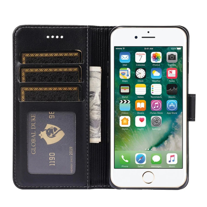 Splicing PU Leather Phone Case Stand Wallet Cover Protector for iPhone 6/SE (2022)/SE (2020)/8/7 - Black - 5