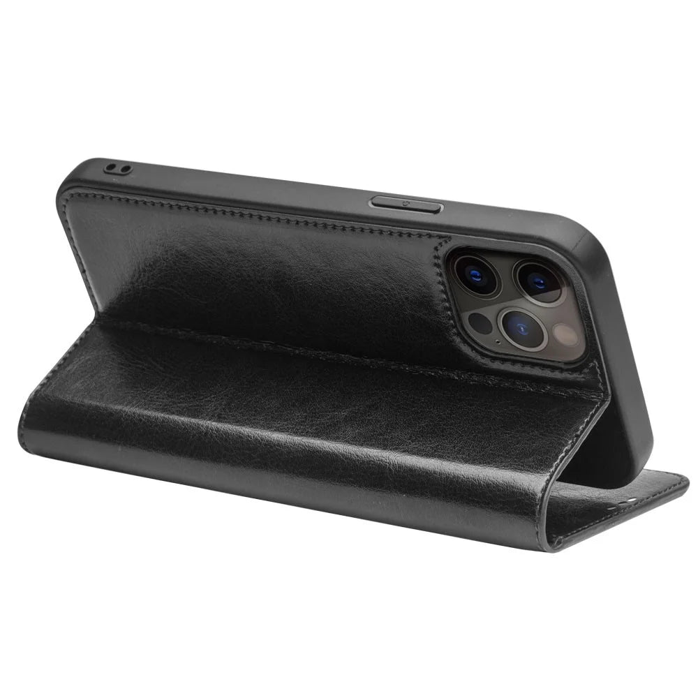 QIALINO For iPhone 13 Pro 6.1 inch Wallet Stand Phone Cover Top Layer Cowhide Leather + TPU Cover Shell - Black - 3