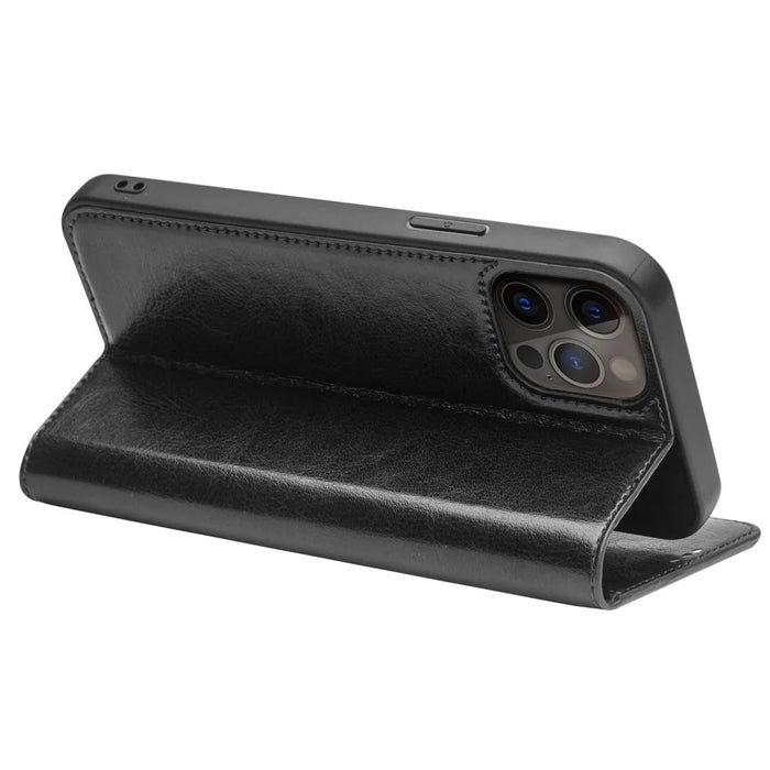 QIALINO For iPhone 13 Pro 6.1 inch Wallet Stand Phone Cover Top Layer Cowhide Leather + TPU Cover Shell - Black - 3