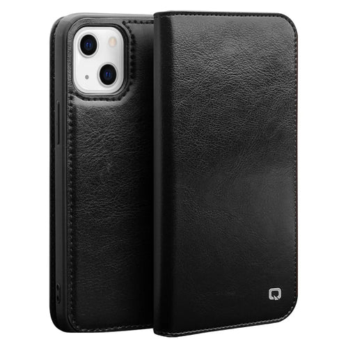 QIALINO For iPhone 13 mini 5.4 inch Top Layer Cowhide Leather All-round Protection Phone Case Stand Shell with Wallet - Black - 1