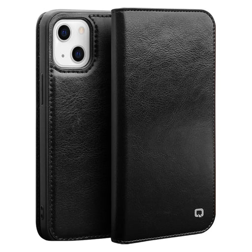QIALINO For iPhone 13 mini 5.4 inch Top Layer Cowhide Leather All-round Protection Phone Case Stand Shell with Wallet - Black - 1