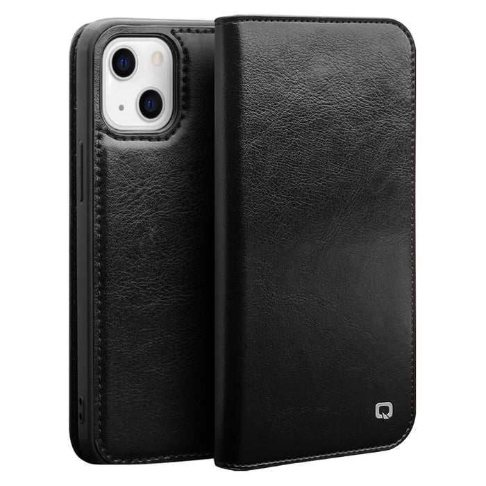 QIALINO For iPhone 13 mini 5.4 inch Top Layer Cowhide Leather All-round Protection Phone Case Stand Shell with Wallet - Black - 1