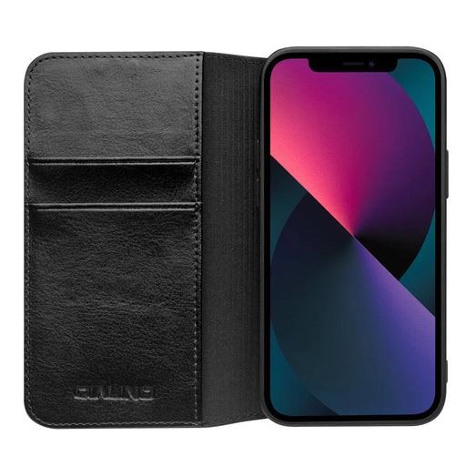 QIALINO For iPhone 13 mini 5.4 inch Top Layer Cowhide Leather All-round Protection Phone Case Stand Shell with Wallet - Black - 2