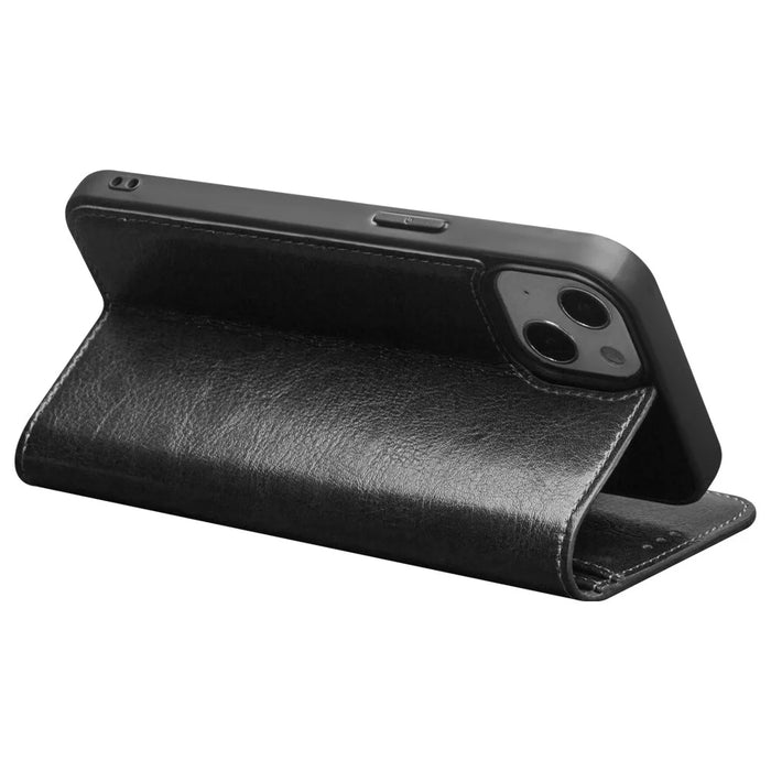 QIALINO For iPhone 13 mini 5.4 inch Top Layer Cowhide Leather All-round Protection Phone Case Stand Shell with Wallet - Black - 3