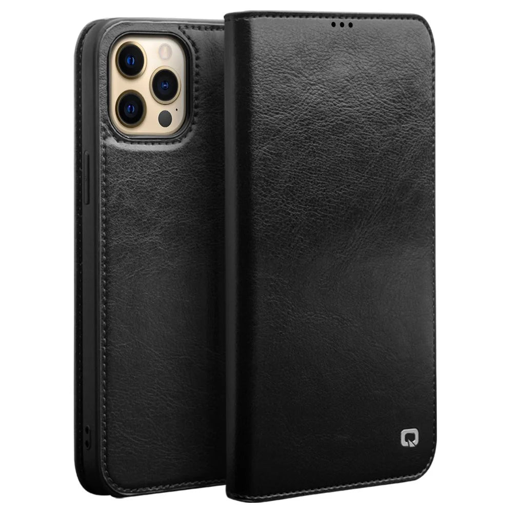QIALINO Top Layer Cowhide Leather Stand Wallet Cell Phone Cover Protector for iPhone 13 Pro Max 6.7 inch - Black - 1
