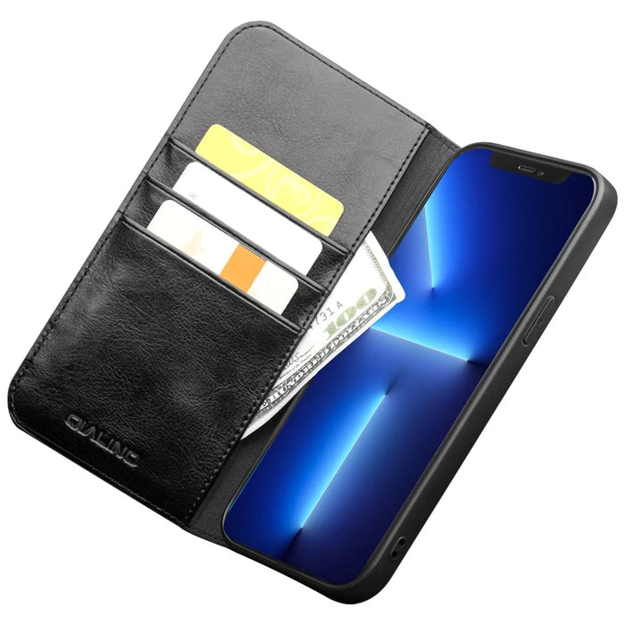 QIALINO Top Layer Cowhide Leather Stand Wallet Cell Phone Cover Protector for iPhone 13 Pro Max 6.7 inch - Black - 2