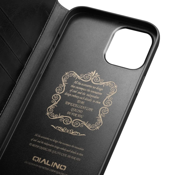 QIALINO Top Layer Cowhide Leather Stand Wallet Cell Phone Cover Protector for iPhone 13 Pro Max 6.7 inch - Black - 5