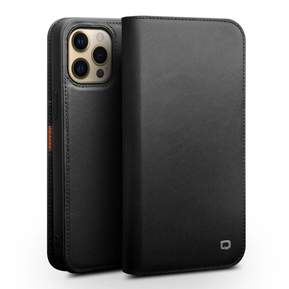 QIALINO Wallet Case Stand Genuine Cow Leather Flip Phone Cover for iPhone 13 Pro Max 6.7 inch - Black - 1