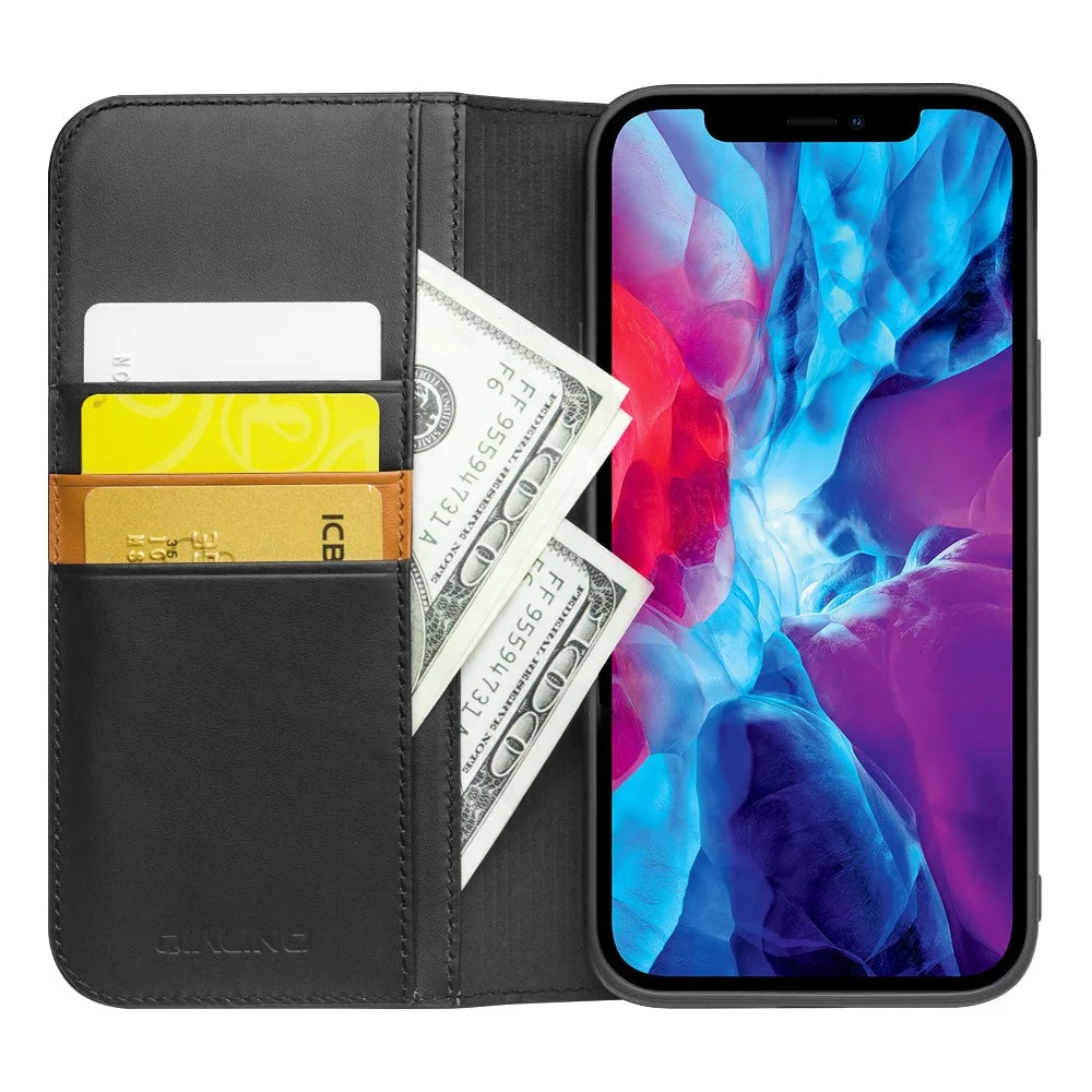 QIALINO Wallet Case Stand Genuine Cow Leather Flip Phone Cover for iPhone 13 Pro Max 6.7 inch - Black - 3