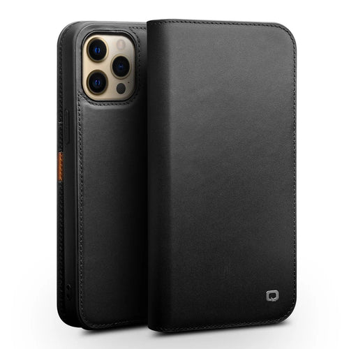 QIALINO Wallet Case Stand Genuine Cow Leather Flip Phone Cover for iPhone 13 Pro 6.1 inch - Black - 1