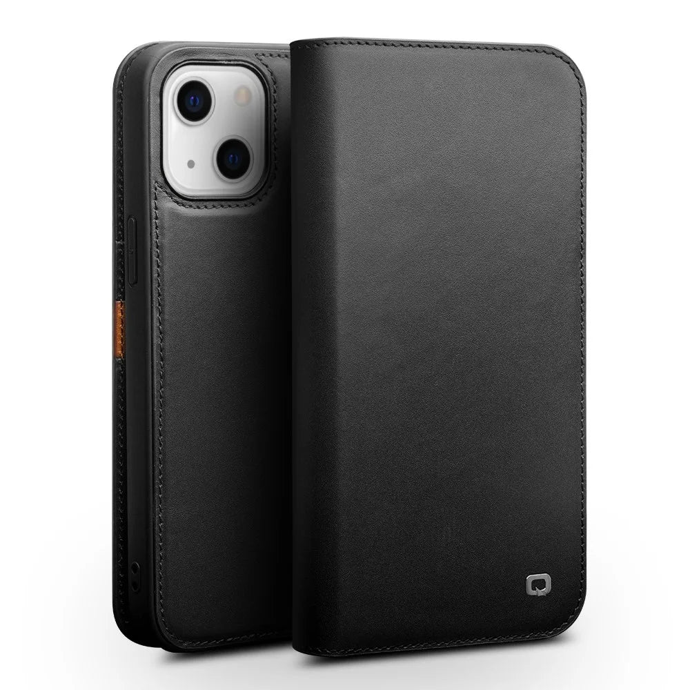QIALINO Wallet Case Stand Genuine Cow Leather Flip Phone Cover for iPhone 13 mini 5.4 inch - Black - 1