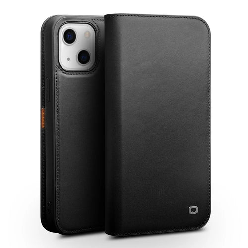QIALINO Wallet Case Stand Genuine Cow Leather Flip Phone Cover for iPhone 13 mini 5.4 inch - Black - 1
