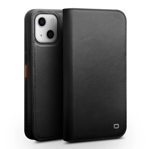 QIALINO Wallet Case Stand Genuine Cow Leather Flip Phone Cover for iPhone 13 mini 5.4 inch - Black - 1