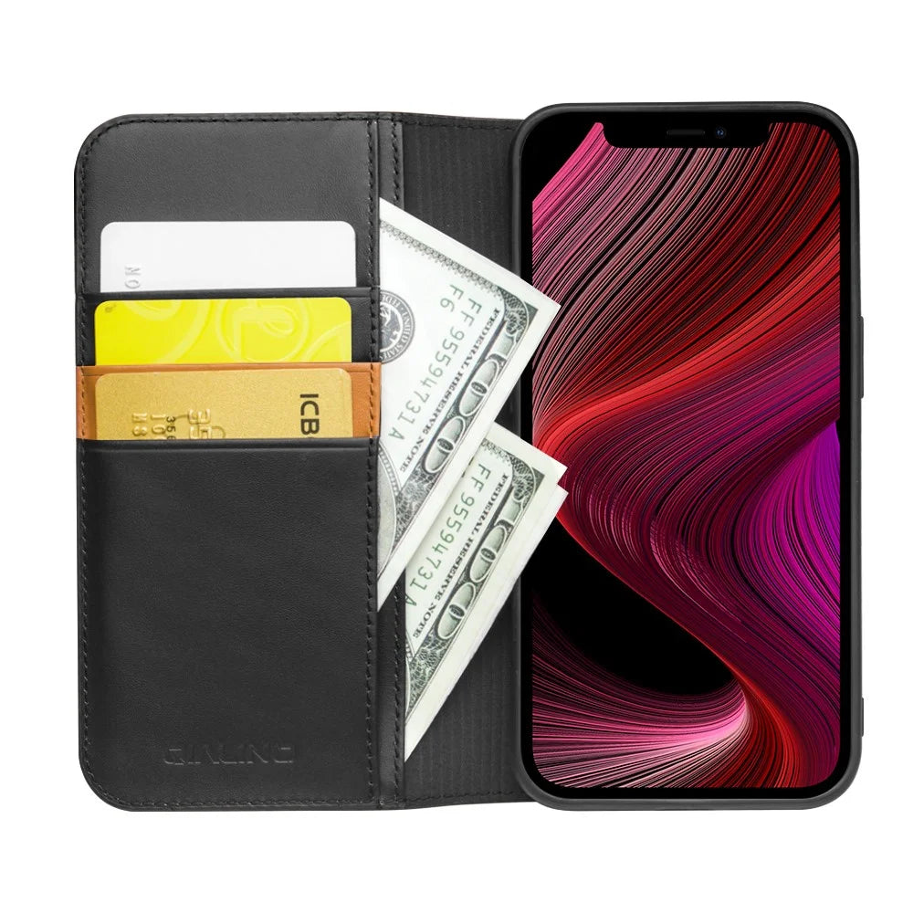 QIALINO Wallet Case Stand Genuine Cow Leather Flip Phone Cover for iPhone 13 mini 5.4 inch - Black - 3