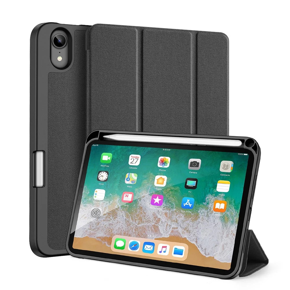 DUX DUCIS Domo Series Auto Wake / Sleep Leather Tri-Fold Stand Tablet Case with Pen Holder for iPad mini (2024) / mini (2021) - Black - 1