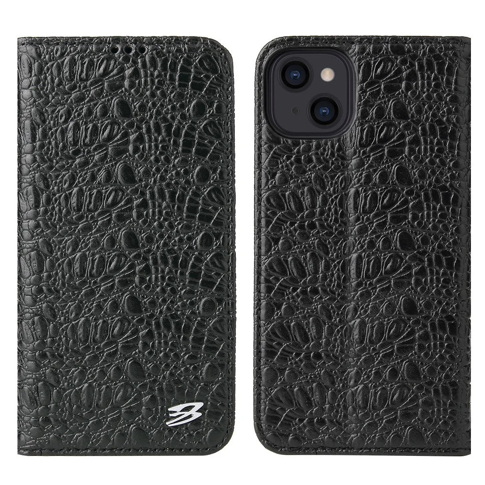 FIERRE SHANN Crocodile Texture Leather Phone Cover Protector with Wallet Stand for iPhone 13 6.1 inch - Black - 1