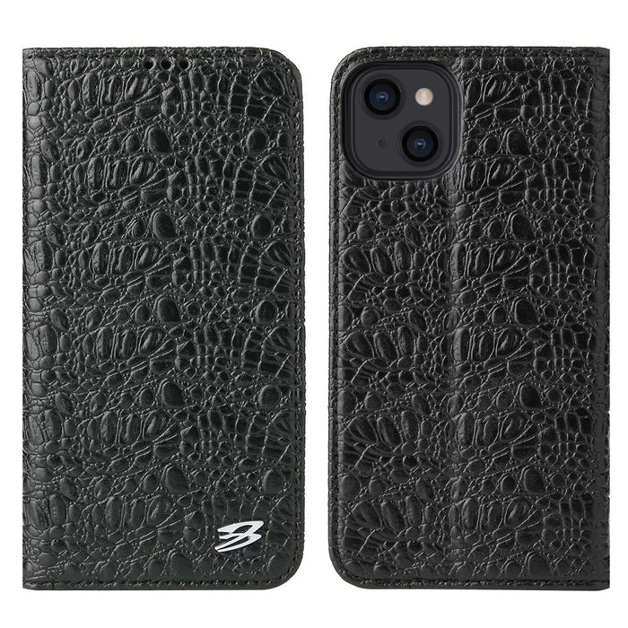 FIERRE SHANN Crocodile Texture Leather Phone Cover Protector with Wallet Stand for iPhone 13 6.1 inch - Black - 1
