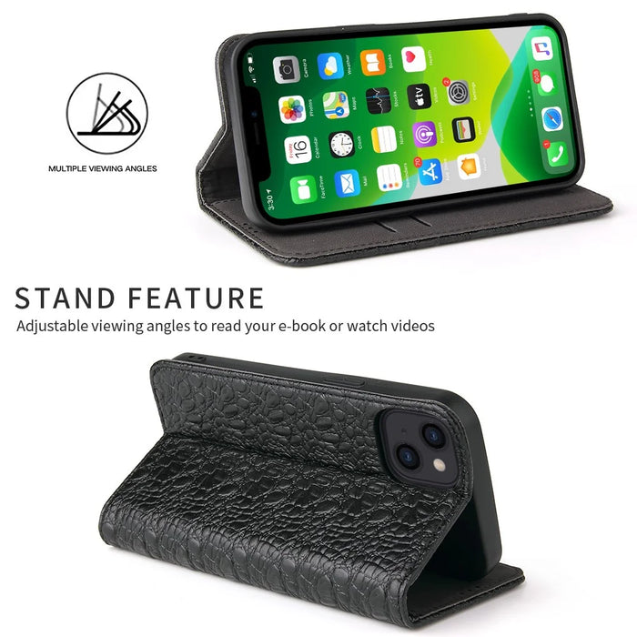 FIERRE SHANN Crocodile Texture Leather Phone Cover Protector with Wallet Stand for iPhone 13 6.1 inch - Black - 4