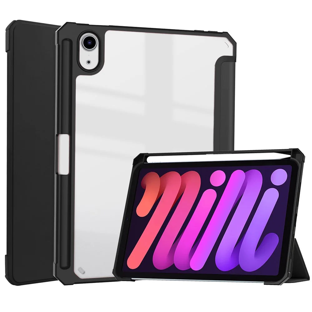 Crystal Clear Back Panel Stand Smart Tablet Case with Pen Slot for iPad mini (2024) / mini (2021) - Black - 1