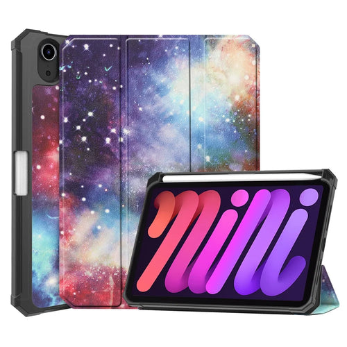 For iPad mini (2024) / mini (2021) Protective Case with Pencil Holder Pattern Printed Tri-Fold Stand Leather Tablet Cover - Starry Sky - 1