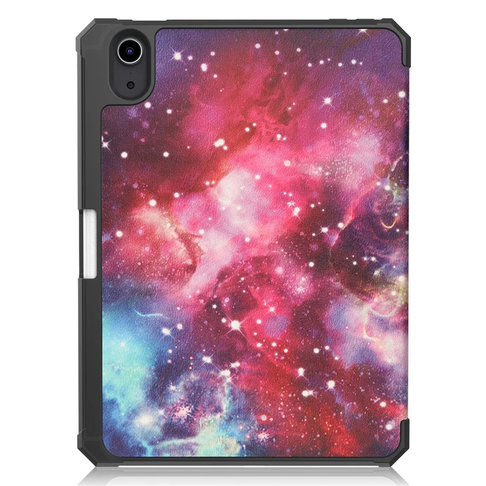 For iPad mini (2024) / mini (2021) Protective Case with Pencil Holder Pattern Printed Tri-Fold Stand Leather Tablet Cover - Starry Sky - 2