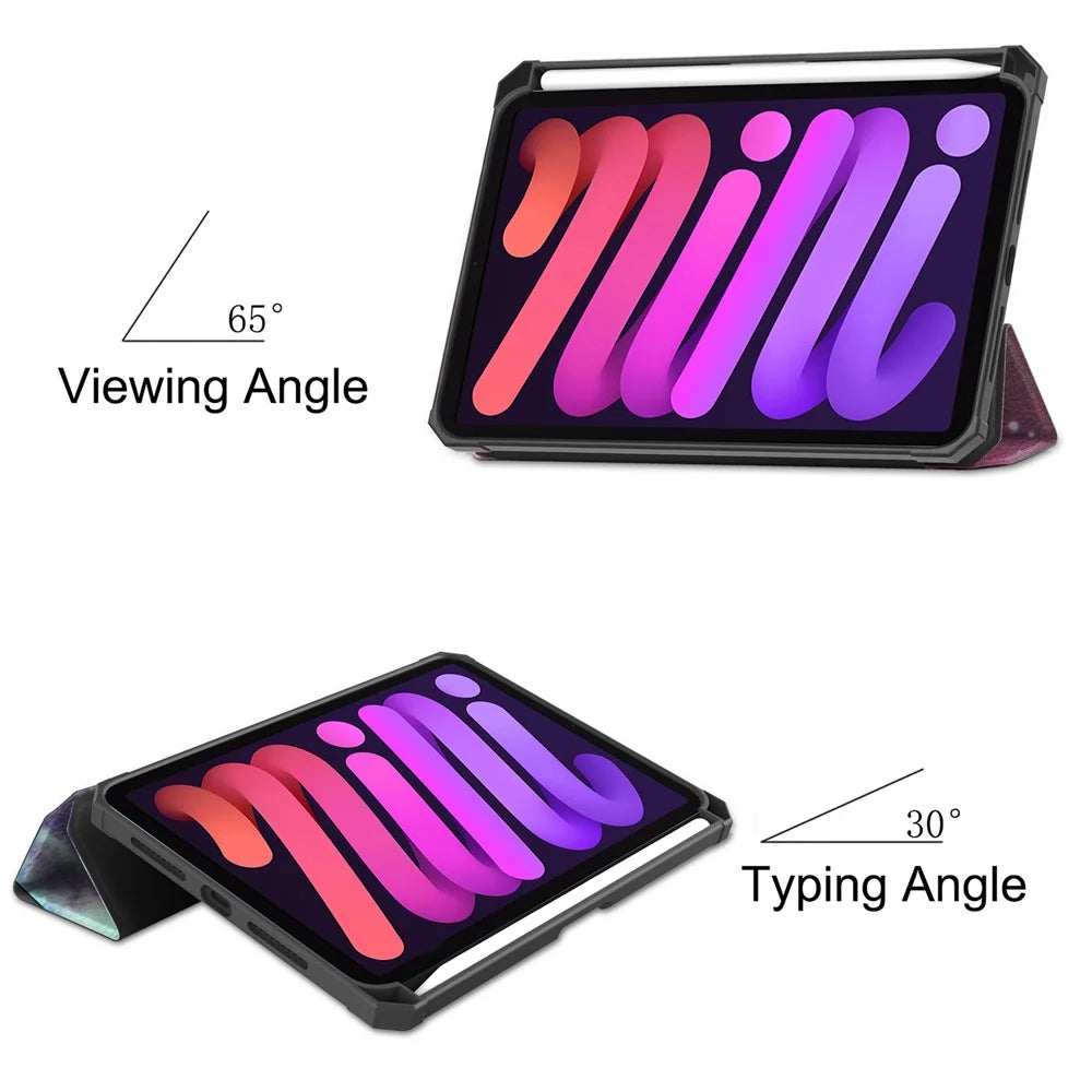 For iPad mini (2024) / mini (2021) Protective Case with Pencil Holder Pattern Printed Tri-Fold Stand Leather Tablet Cover - Starry Sky - 5